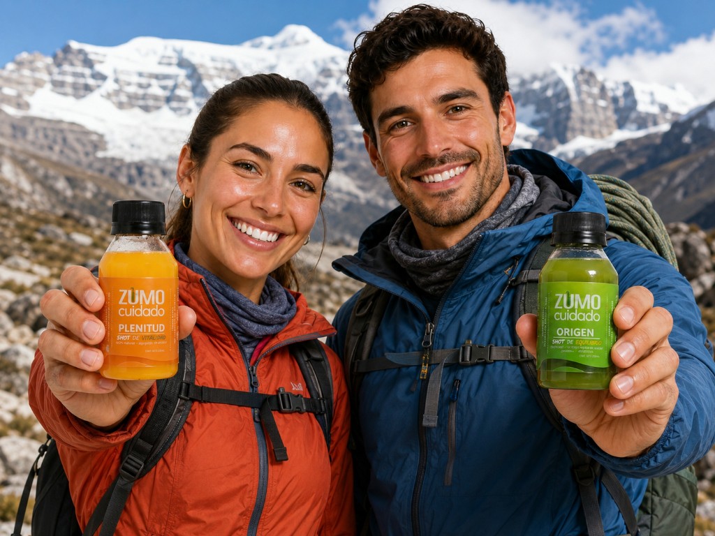 Pareja de excursionistas con shots Plenitud y Origen de Zumo Cuidado en la montaña